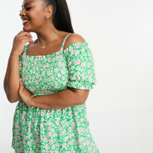 Yours cold shoulder frill detail top in green floral