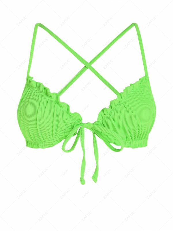 ZAFUL Criss Cross Tie Front Frilled Textured Bikini Top M Green