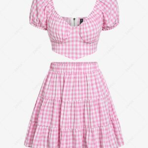 ZAFUL Gingham Puff Sleeve Zip Tiered Two Piece Skirt Set S Light pink