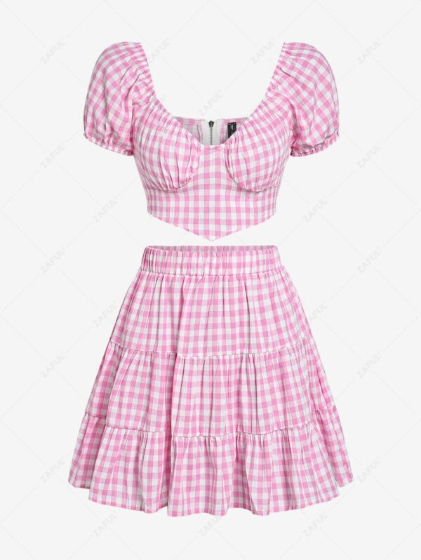 ZAFUL Gingham Puff Sleeve Zip Tiered Two Piece Skirt Set S Light pink