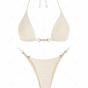 ZAFUL Metal Hardware Textured Faux Pearls String Triangle Bikini Swimwear S Light coffee