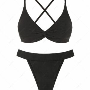 ZAFUL Textured Twisted Front Criss Cross Back Bikini Swimwear S Black