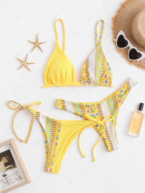 ZAFUL Tribal Print High Cut Three Pieces Bikini Swimsuit S Yellow