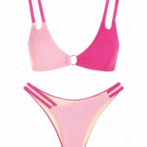 ZAFUL Two Tone O-ring Textured Bikini Swimwear Light pink