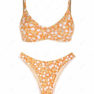 ZAFUL Women's Ditsy Floral Print Guipure Trim Ruched Adjustable Spaghetti Strap Tank Style Cheeky Bikini Set Matching Two Piece Swimwear S Orange