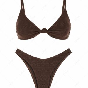 ZAFUL Women's Eyelet Knotted Triangle Tanga Two Piece Bikini Set Swimwear S Deep coffee