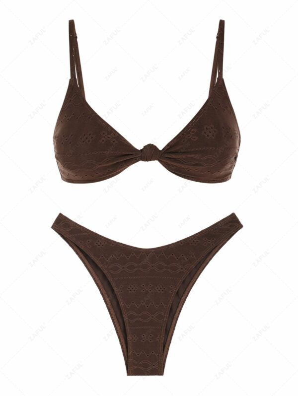 ZAFUL Women's Eyelet Knotted Triangle Tanga Two Piece Bikini Set Swimwear S Deep coffee