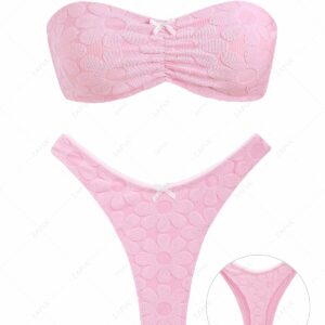 ZAFUL Women's Lace Up High Leg Floral Jacquard Textured Terry Cloth Toweling Ruched Bow Decor Thong Bandeau Two Piece Swimwear Bikini Set M Light pink