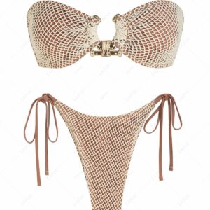 ZAFUL Women's Metal O Ring Decor Lace Up Back Fishnet Tie Side Bandeau Tanga Bikini Set Two Piece Swimwear M Coffee