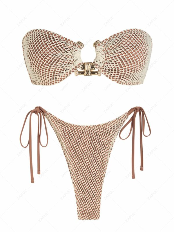 ZAFUL Women's Metal O Ring Decor Lace Up Back Fishnet Tie Side Bandeau Tanga Bikini Set Two Piece Swimwear M Coffee