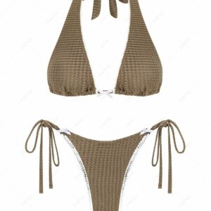 ZAFUL Women's Sexy Multiway Two Piece Swimwear Lace Insert Bowknot Textured Halter Bandeau Tied Triangle Tanga String Bikini Set S Deep coffee