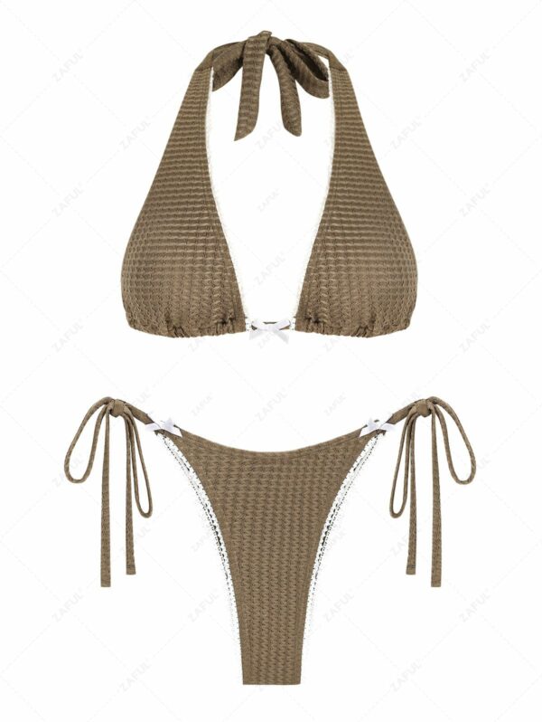 ZAFUL Women's Sexy Multiway Two Piece Swimwear Lace Insert Bowknot Textured Halter Bandeau Tied Triangle Tanga String Bikini Set S Deep coffee