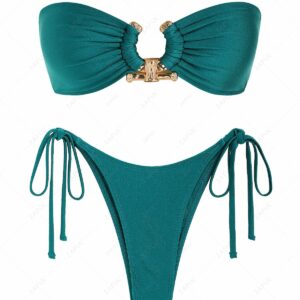 ZAFUL Women's Tie Side Shiny O Ring Metal Hardware High Cut Tanga Bandeau Bikini Set Swimwear Xs Green