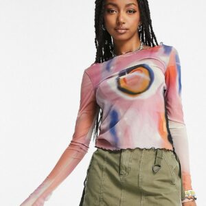 Zemeta fitted mesh long sleeve top in wavy galaxy print-Multi