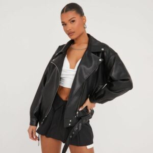 Zip Belt Detail Oversized Biker Jacket In Black Faux Leather, Women's Size UK 6