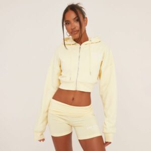 Zip Up Ego Slogan Cropped Hoodie In Lemon, Women's Size UK 8