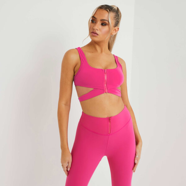 Zip Up Square Neck Cut Out Cross Strap Detail Sports Bra In Pink UK Extra Small XS, Pink