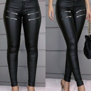 Zipper Design High Waist PU Leather Skinny Pants