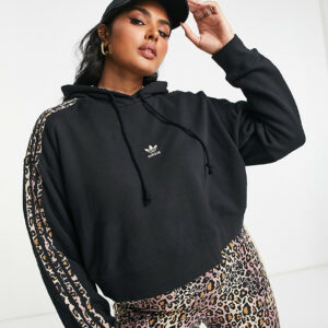 adidas Originals Plus cropped hoodie with leopard print stripes in black