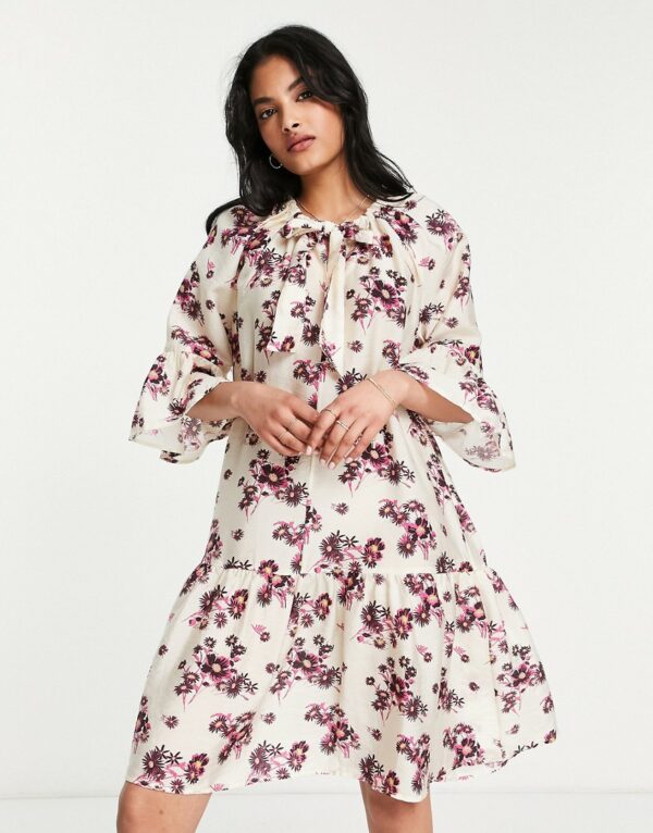 & Other Stories mini smock dress with tiered skirt and tie neck in pretty floral-White