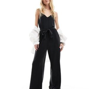 & Other Stories relaxed leg stretch jumpsuit with camisole straps and tie waist in black