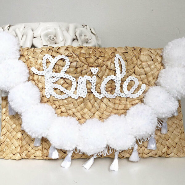 straw Envelope Personalised Pompom Clutch Bag