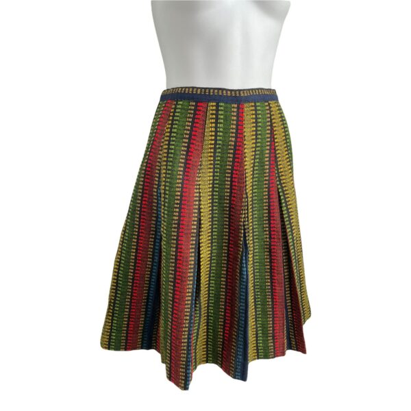 striped Box Pleated Skater Skirt, 60S Vintage Woven Weave A-Line, Paneled Preppy Women's Tweed Black Red Yellow Green Blue