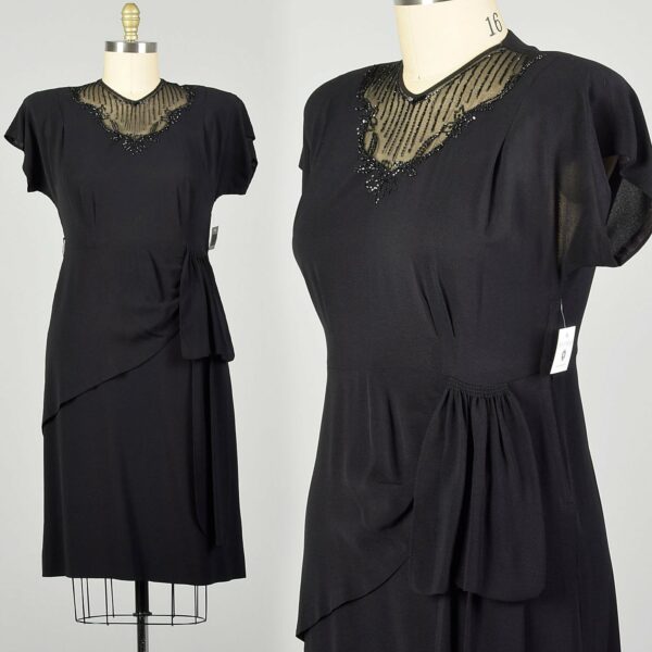 xl 1940S Little Black Dress Rayon Volup Beaded lbd Illusion Neckline Evening Cocktail Gown