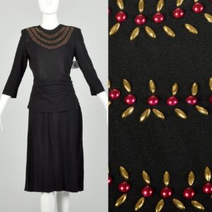 xs 1940S Little Black Dress Rayon Studs lbd Peplum Three Quarter Length Sleeve