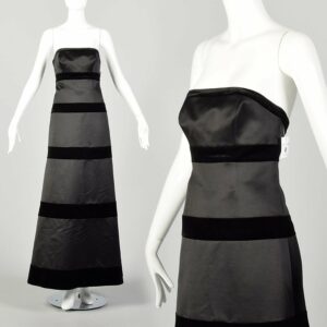 xs 1980S Little Black Dress Strapless Formal Evening Velvet Stripe Gown