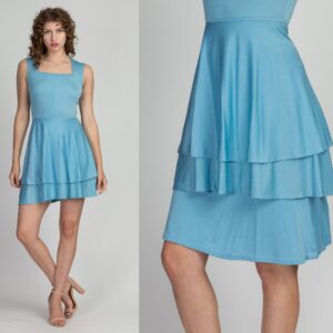 xs 70S Blue Mini Dress & Tiered Skirt Set | Vintage Square Neck Cap Sleeve Fit Flare Minidress