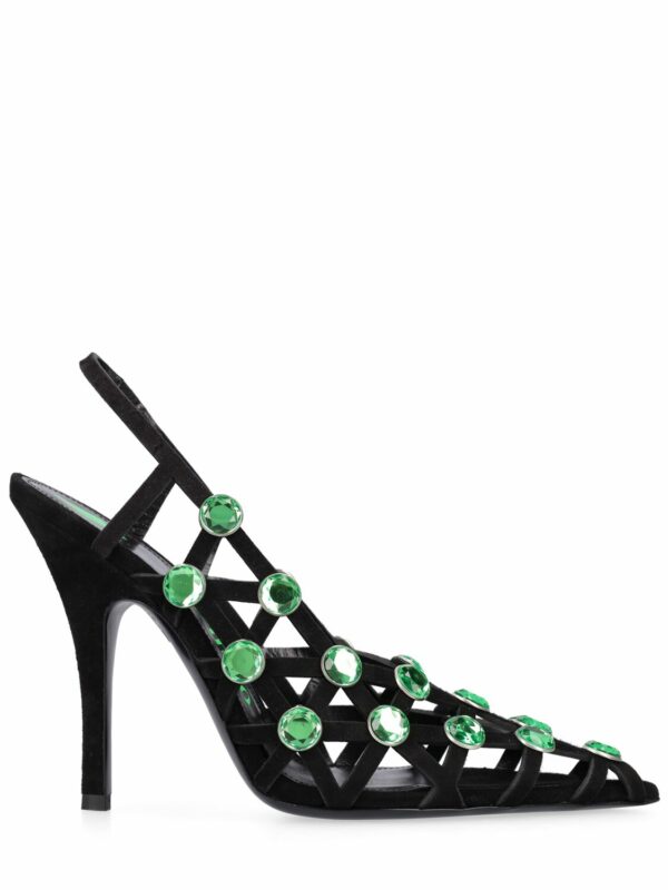 105mm Grid Leather & Crystal Slingbacks