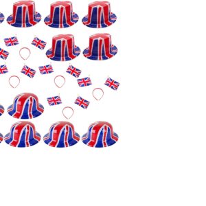 18 Piece Union Jack Party Wear Bundle - 6 Bowler Hats, Top Hats & Headbands British Fancy Dress