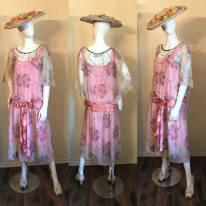 1920's Art Deco Flapper Beaded Watercolor Floral Silk Chiffon Party Dress