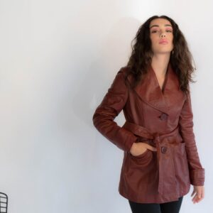 70S Leather Belted Coat. Vintage Leather Boho Red Size Xs/S