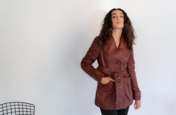 70S Leather Belted Coat. Vintage Leather Boho Red Size Xs/S