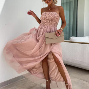 A-Line Dress Ruffles Tulle High Slit Off The Shoulder Backless Party Maxi Dresses