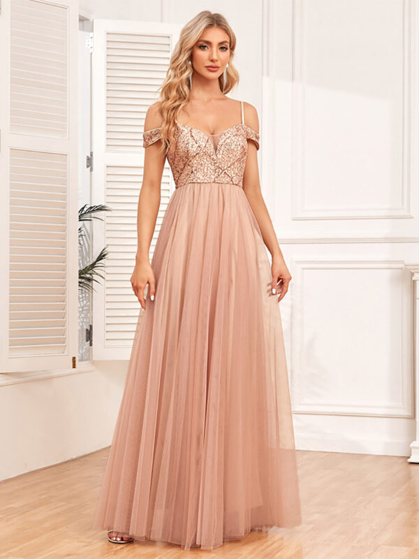 A-Line Dress Spaghetti Strap Backless Sequined Prom Maxi Dresses