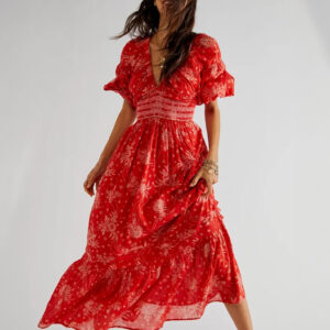 A-Line Flowy Dress Printed V-Neck Puff Sleeves Casual Summer Maxi Dresses