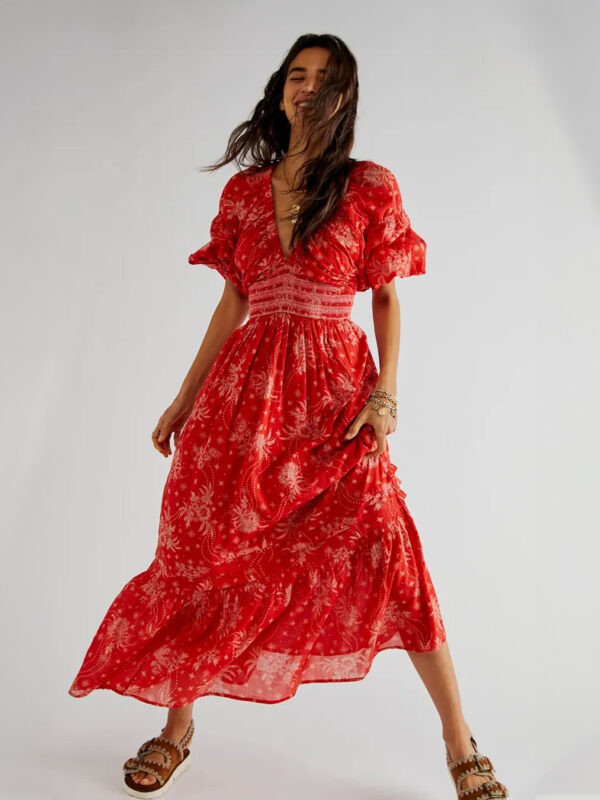 A-Line Flowy Dress Printed V-Neck Puff Sleeves Casual Summer Maxi Dresses