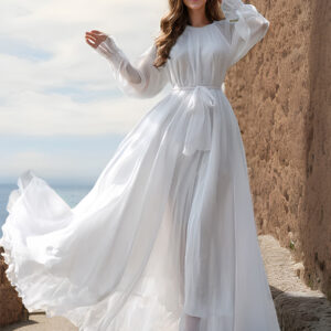 A-line Dress Round Neck Belted Long Sleeves Boho Maxi Dresses