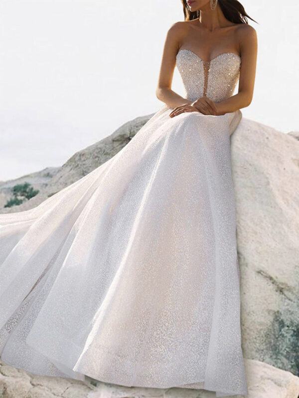 A-line Wedding Dresses With Train Sleeveless Beaded Strapless Bridal Gowns