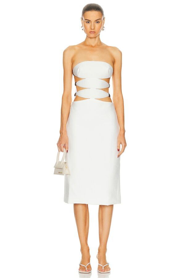 ADRIANA DEGREAS Vintage Orchid Solid Strapless Cutout Midi Dress in Off White - White. Size M (also in L).