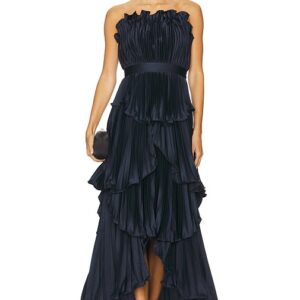 AMUR Janey Tiered Shell Midi Dress in Navy. Size 0, 00, 2, 6, 8.