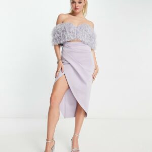 ASOS DESIGN 2 piece off shoulder pencil wrap tuck faux feather midi dress in lilac-Purple