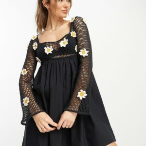 ASOS DESIGN 3D daisy crochet mini smock dress in black