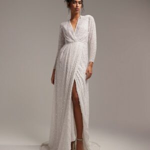 ASOS DESIGN Alexa sequin long sleeve wrap wedding dress in-White