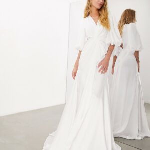 ASOS DESIGN Bluebell drape wrap satin wedding dress with blouson sleeve in-White