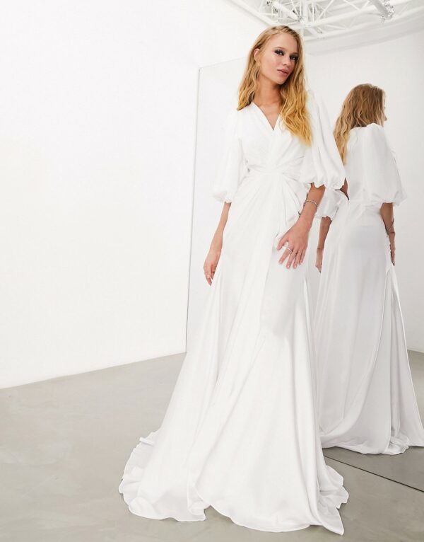 ASOS DESIGN Bluebell drape wrap satin wedding dress with blouson sleeve in-White