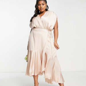 ASOS DESIGN Bridesmaid Curve satin wrap midi dress with ruched detail in blush-Pink